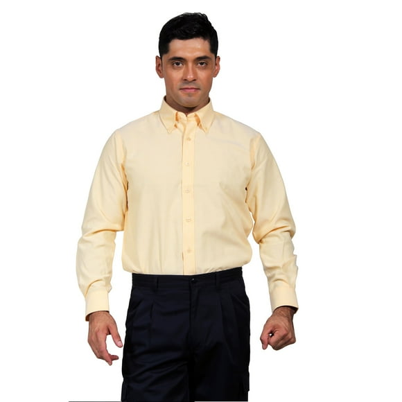 Camisa Oxford Hombre Manga Larga, Bolsillo Suelto, Amarillo