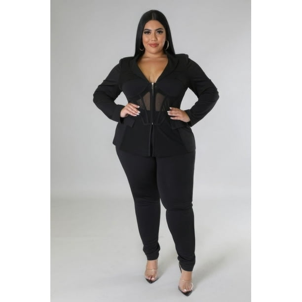 Saronite Conjunto de 2 Piezas con Encaje Elástico, Cuello, Manga Larga, Bolsillos Falsos, Pantalones Ajustados de Cintura Alta, Color Negro (para Mujer)