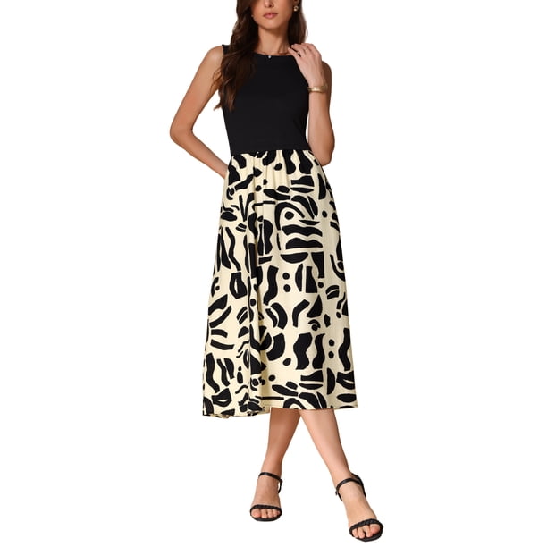 INSPIRE CHIC Vestido sin mangas de verano para mujer con diseño de patrón y cuello redondo, talla XS, negro beige