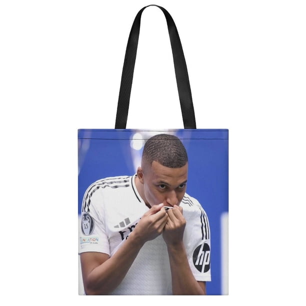 Kylian Mbappé Bolso de tela con estampado de lienzo para mujer, bolsa de compras reutilizable y estética, con cremallera interior, regalo para mujer, 35 × 40 cm.