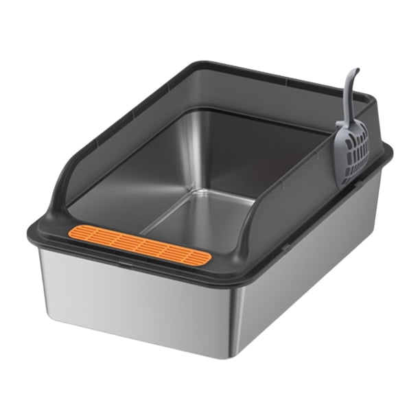 Caja de arena para gatos, inodoro portátil para gatos con cuchara, recipiente para arena para gatos con tapa abierta a prueba de salpicaduras, bandeja Negro