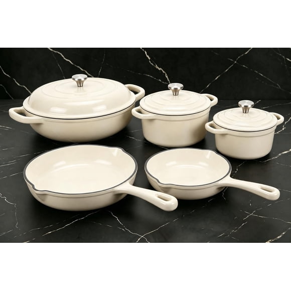 Juego de utensilios de cocina QuliMetal de hierro fundido esmaltado, 8 piezas, blanco crema