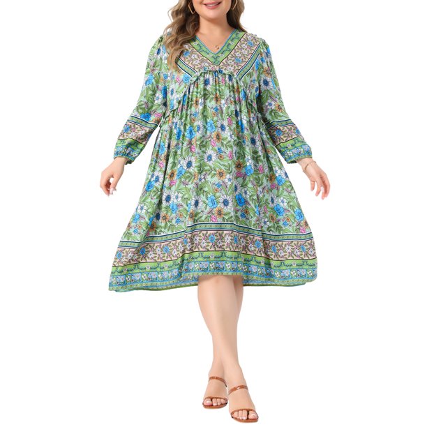Agnes Orinda Vestido de Verano Talla Grande para Mujeres Escuela Universidad Casual Bohemio Floral Cuello en V Manga 3/4 Midi Corto Vestido de Playa 4X Verde Claro