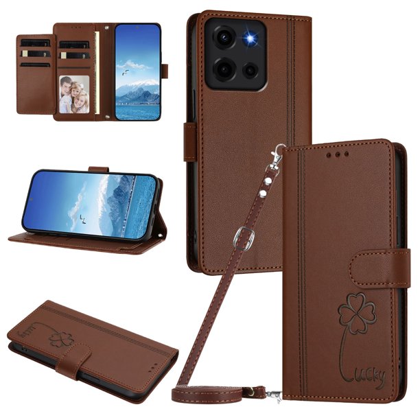 Funda Cartera Trébol para Motorola Moto G 2026 5G con Ranuras Tarjetas y Carga Inalámbrica Marrón