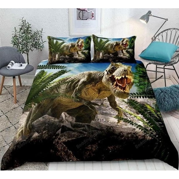 Dinosaur Destroy Park Quilt Duvet Cover Set Kids Bed Linen Doona Cover Soft3-Piece Bedding Set