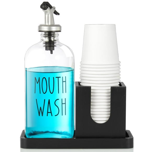 Dispensador de enjuague bucal Bivclaz, vidrio de 500 ml con portavasos, color negro