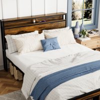 M&Ms - Queen Size Bed Frame, Storage Headboard With Led Light, Charging Station, Solid And Stable, Noise Free, No Box Spring Needed, Easy Assembly, Vintage Brown