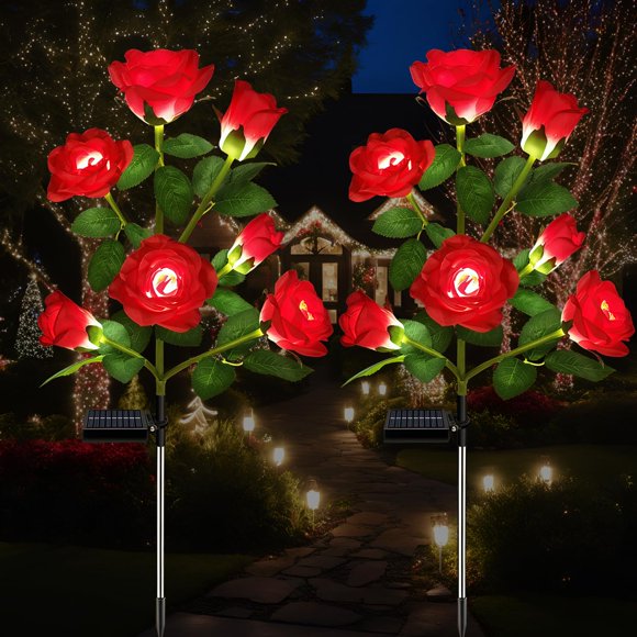 Luz de jardín solar DWH, paquete de 2, estaca LED de rosa roja