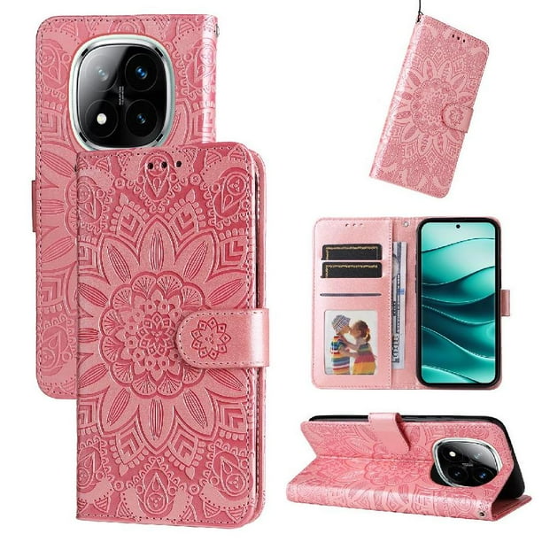 Funda tipo cartera FOXDOCK para Xiaomi Redmi Note 14 Pro Plus 5G , diseño girasol en relieve, cuero PU, cierre magnético, soporte y tarjetero
