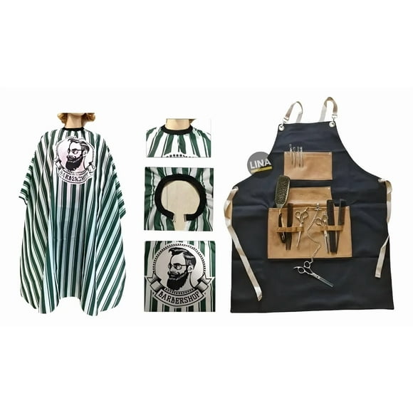 Pack Pechera Delantal Barberia + Capa De Corte Diseño Barber Rayas Verde
