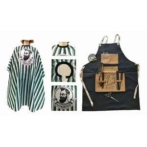 Linastore - Pack Pechera Delantal Barberia + Capa De Corte Diseño Barber Rayas Verde
