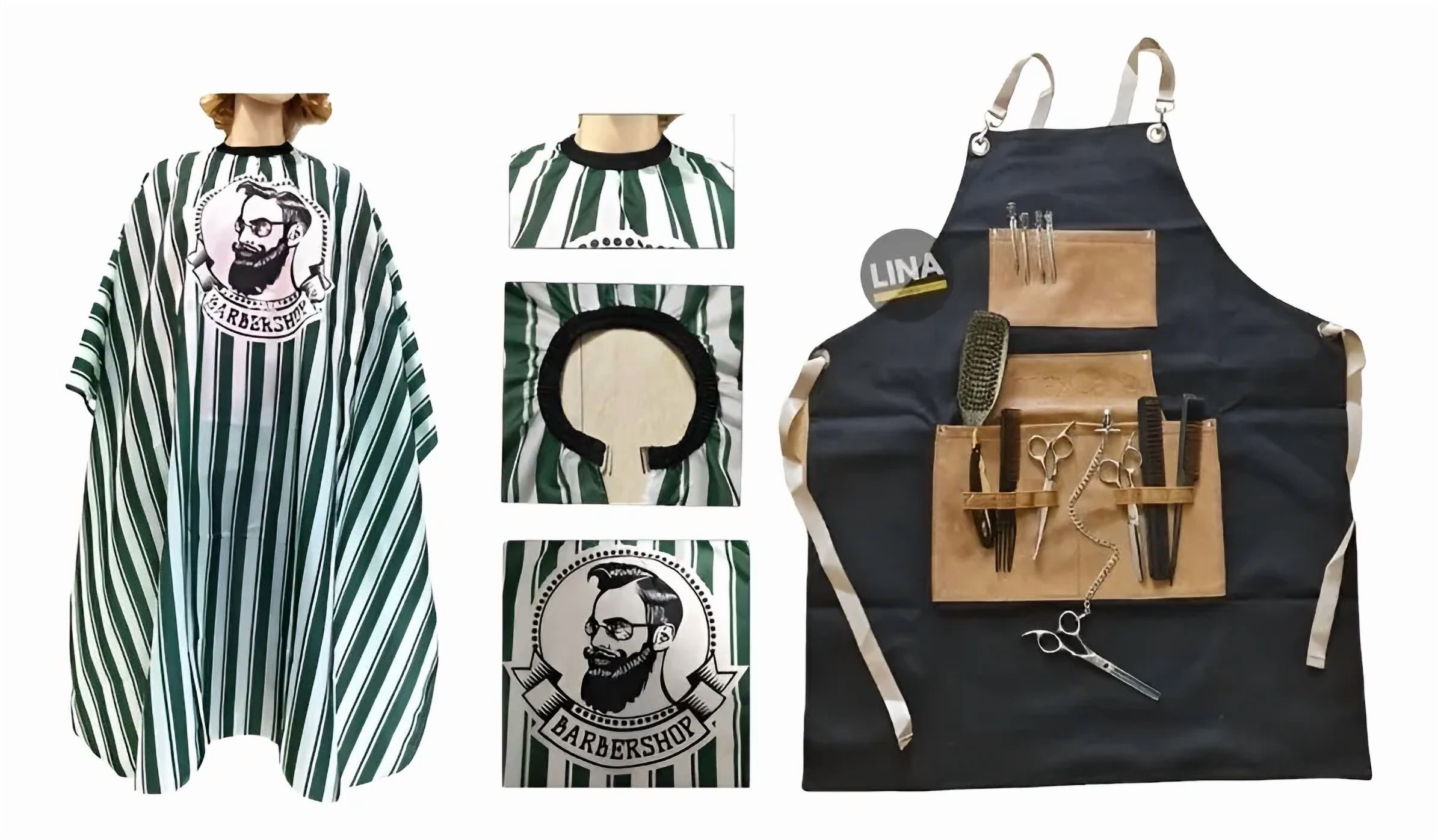 Linastore - Pack Pechera Delantal Barberia + Capa De Corte Diseño Barber Rayas Verde