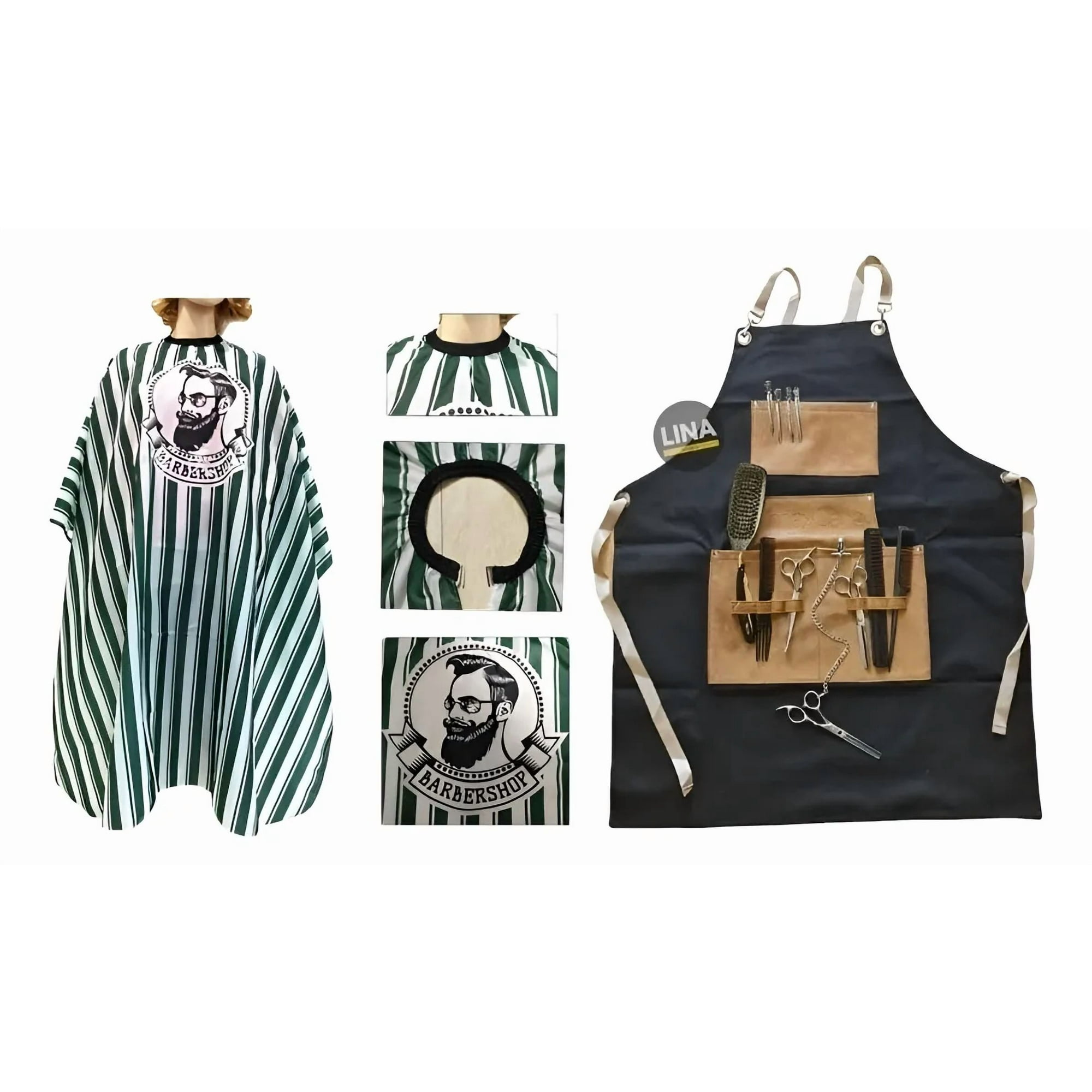 Linastore - Pack Pechera Delantal Barberia + Capa De Corte Diseño Barber Rayas Verde