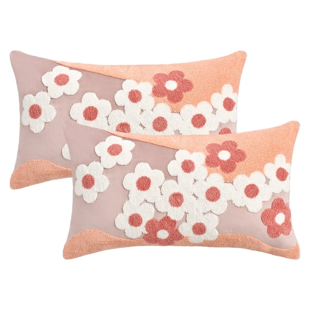 REGALWOVEN Paquete de 2 Fundas de Cojín Decorativas Suaves de Terciopelo Bordado con Flores Fundas de Almohada de Estilo Rústico para Sofá Dormitorio Coche Rosa 20" x 12"