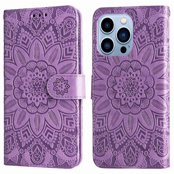 Funda tipo cartera FOXDOCK para iPhone 13 Pro , diseño girasol en relieve, cuero PU, cierre magnético, soporte y tarjetero