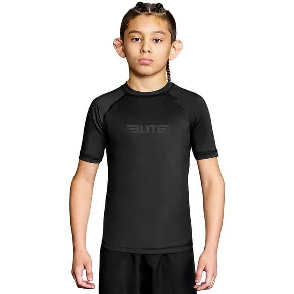 Jiu Jitsu BJJ de manga corta Rash Guard Elite Sports para niños, color negro
