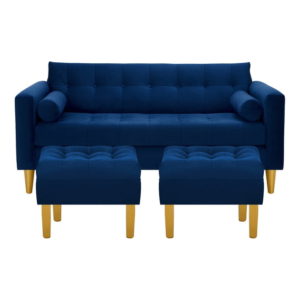 Sofa Retro 3c + 2 Pouf Felpa 01 Azul Marino