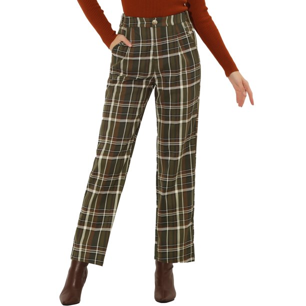 INSPIRE CHIC Pantalones Largos Rectos con Cintura Elástica de Botón y Cremallera a Cuadros para Mujer Regreso a Clases M Verde Militar
