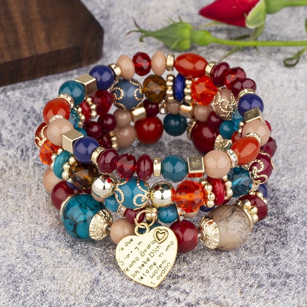 Heart Charm Beads Layered Bracelet Set Pompomia Bracelet Charm Vintage Jewelry Valentine's Day Gift