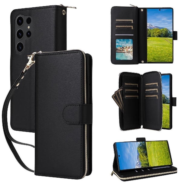 Funda Cartera con Cremallera y Correa para Samsung Galaxy S23 Ultra Soporte y Tarjetero Negro