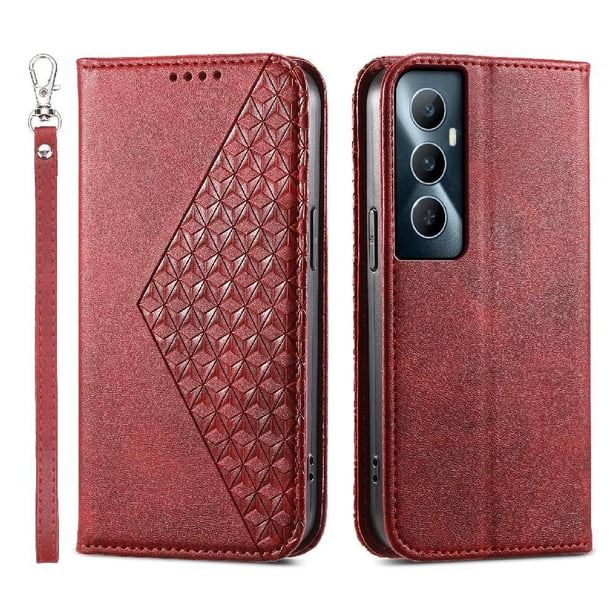 Funda Flip FOXDOCK para Realme C65 , Estilo Billetera con Diseño Rombo, Correa de Mano y Soporte, Uso Diario