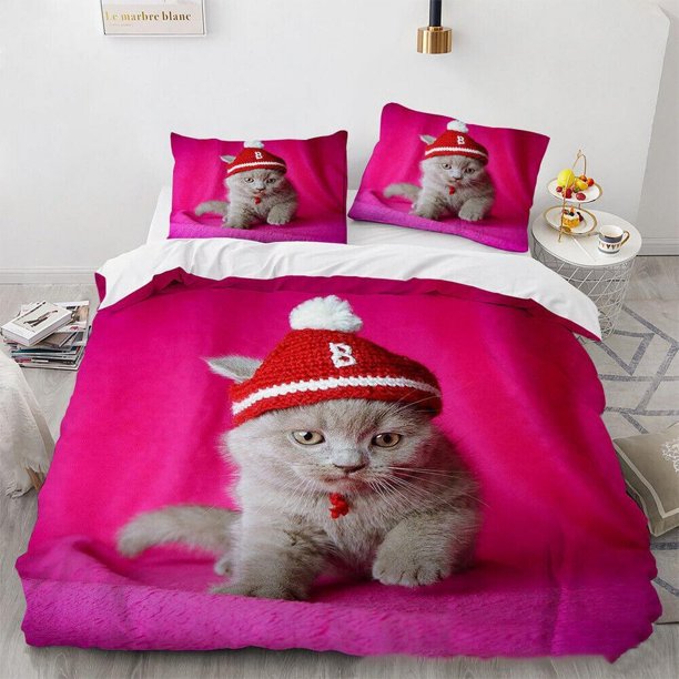 Cute White Cat Kitty Kitten Animal Print Quilt Duvet Cover Set Bedclothes3-Piece Bedding Set