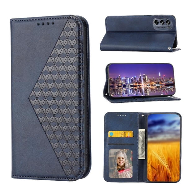 Funda Flip FOXDOCK para Motorola Moto E32 4G , Estilo Billetera con Diseño Rombo, Correa de Mano y Soporte, Uso Diario