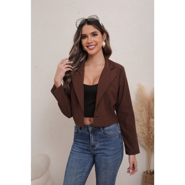 Blazer Corto Mujer Algodón Unicolor Solapa Casual Trabajo 0080
