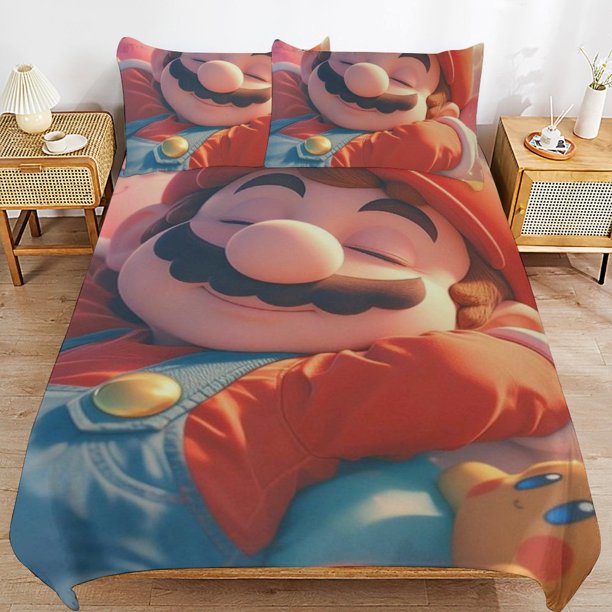 Super Mario 3-Piece Comforter Set for Bedroom Super Mario Bedding Set for Kids Adults Soft Microfiber Duvet Cover Set with Zipper Closure