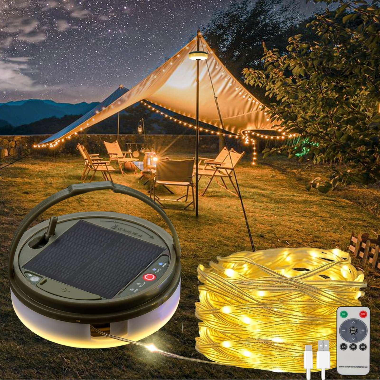 Guirnalda De Luces Solares Para Acampar Tuopulife, 12 M, 150 Led, Impermeables