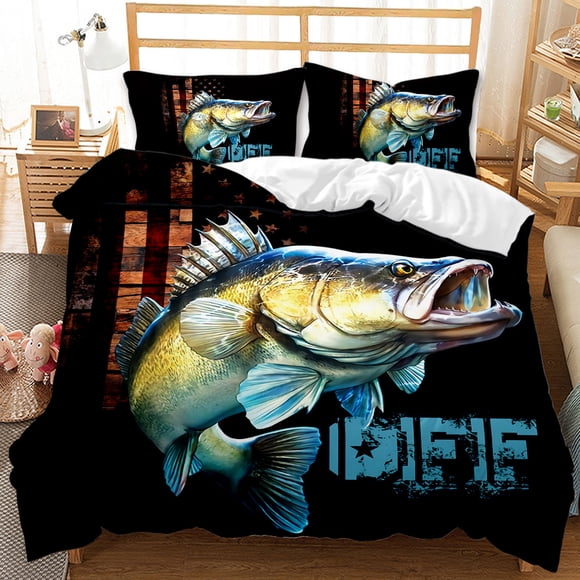 Big Pike Fishing Hunting Fly Bedding Set Duvet Cover Comforter Pillowcase Boys Girls Adults Bedroom Bed Sheets