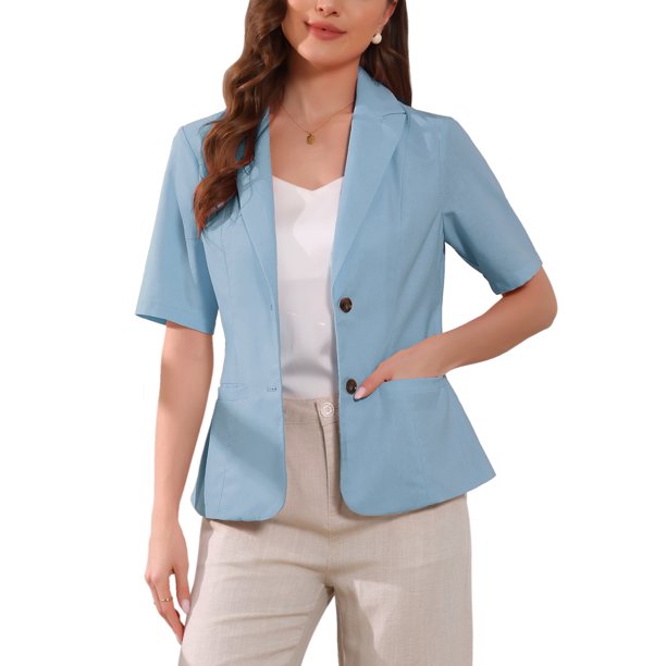 INSPIRE CHIC Blazer de algodón y lino de manga corta de verano para mujer, casual de negocios para oficina y uso casual M Azul claro