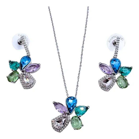 Conjunto Collar Y Flor Colores, Cristal Austriaco Plata 925 Plateado