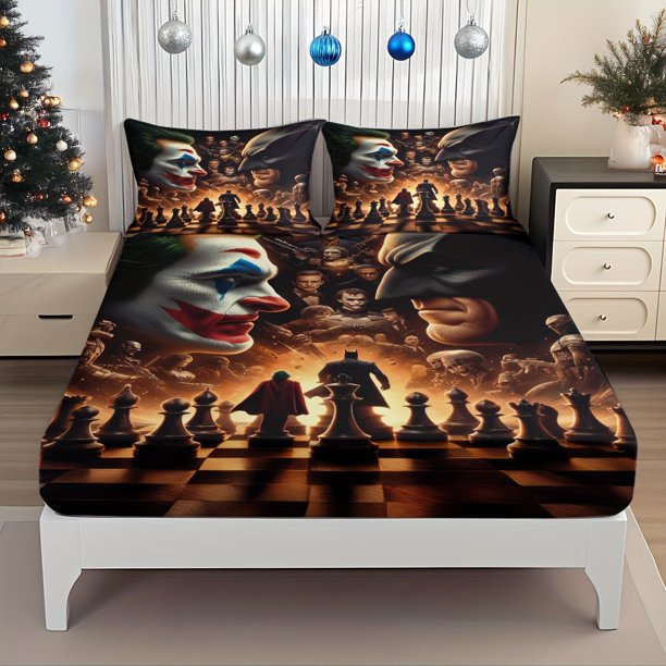 Batman And Joker Chessboard Showdown Fitted Sheet Set The Ultimate Battle Between Justice And Evil Pattern Mattress Protector Elastic Design Sheet Fits Perfectl