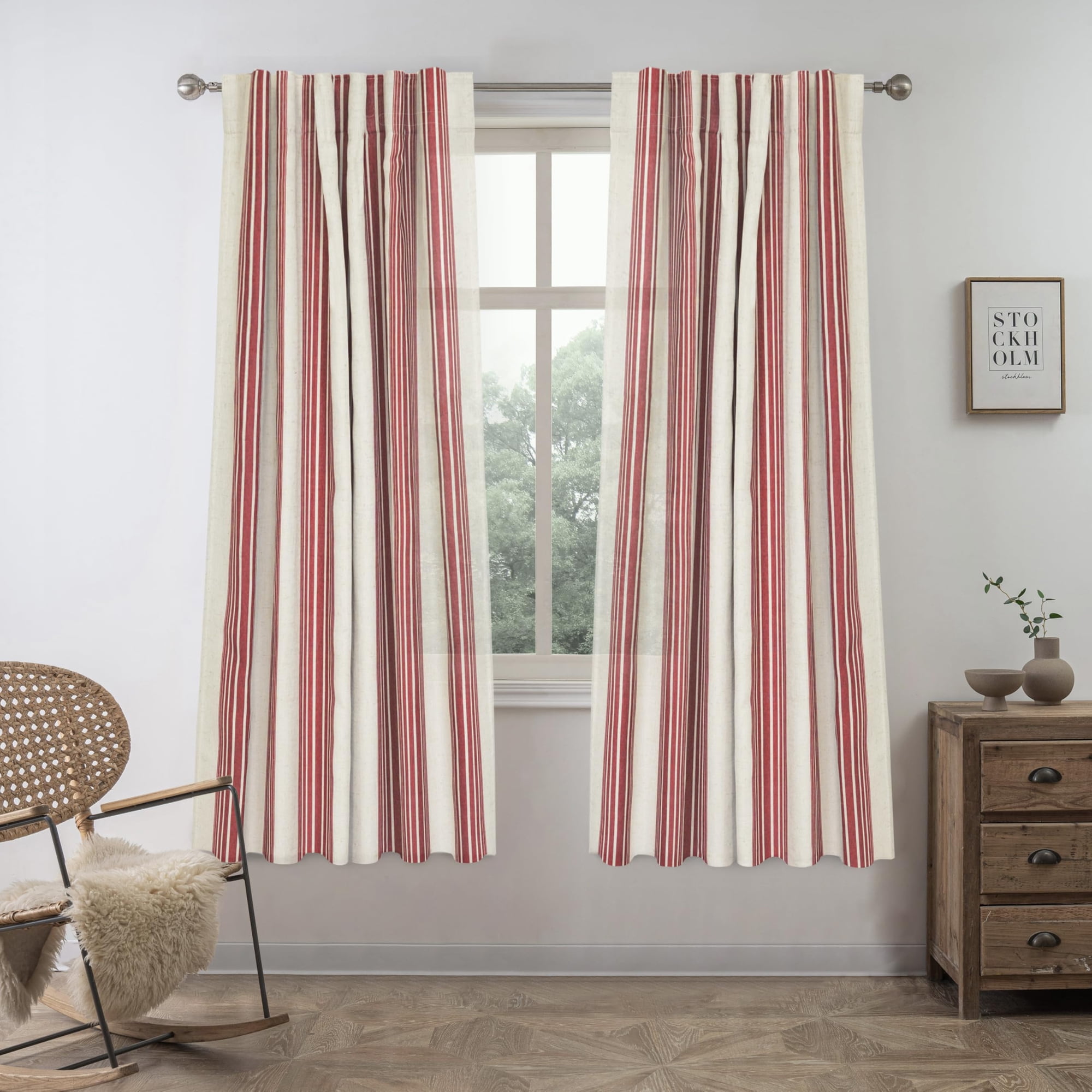 Cortinas Driftaway Estilo Farmhouse, Mezcla De Lino, Rayas Verticales Rojas, 160 Cm