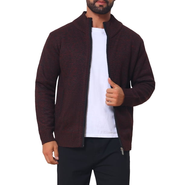 Chaqueta de punto con cremallera y forro polar grueso de invierno para hombre, cuello alto, L Burdeos