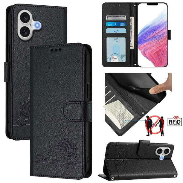 Funda tipo cartera FOXDOCK para iPhone 17 con soporte, ranuras, RFID, diseño de gato
