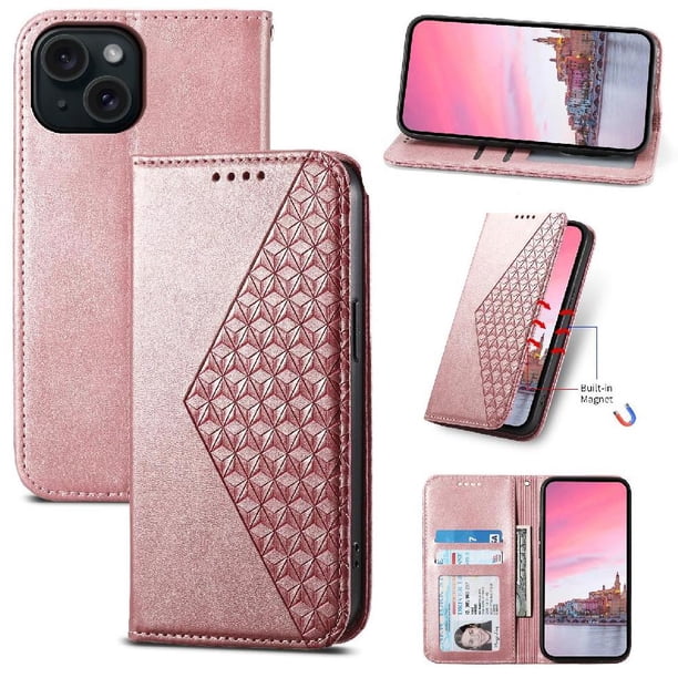Funda Flip FOXDOCK para iPhone 15 , Estilo Billetera con Diseño Rombo, Correa de Mano y Soporte, Uso Diario