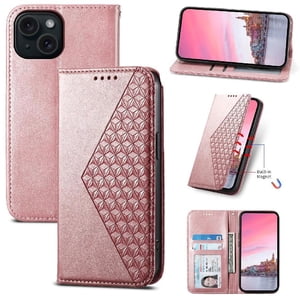 Funda Flip Foxdock Para Iphone 15 , Estilo Billetera Con Diseño Rombo, Correa De Mano Y Soporte, Uso Diario