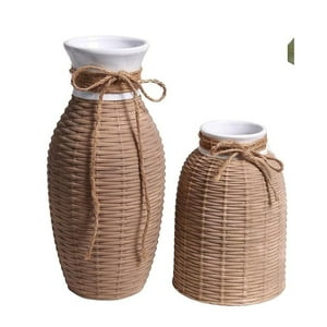 Homeessentials - Set 2 Jarrones De Cerámica Y Caña
