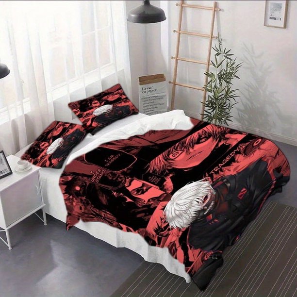 3pcs Tokyo Ghoul Duvet Cover Set - Red Black Anime Character Design Soft Polyester Bedding with Zipper Closure