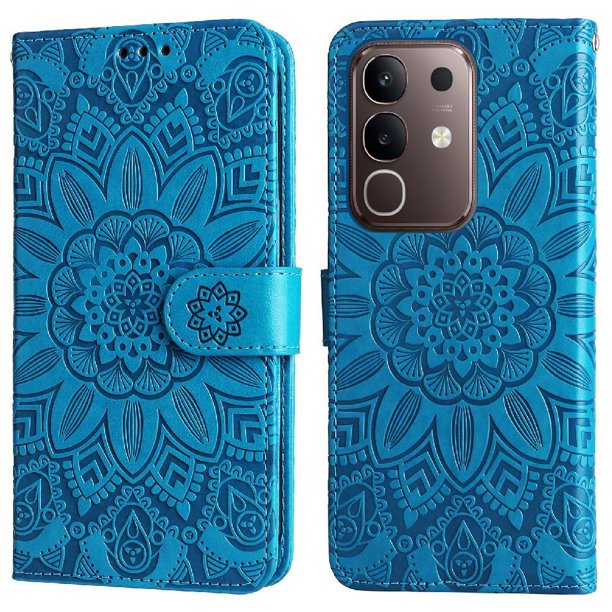 Funda tipo cartera FOXDOCK para Vivo Y29 4G , diseño girasol en relieve, cuero PU, cierre magnético, soporte y tarjetero