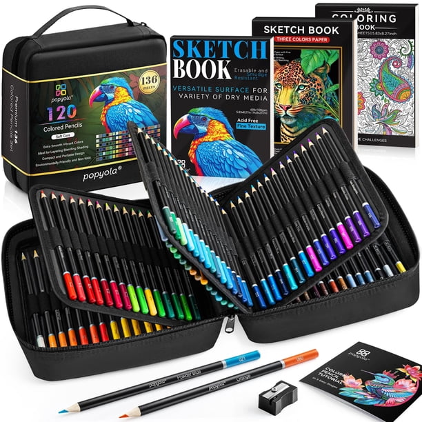 Juego De Lápices De Colores 136 Unidades Con Cuaderno De Bocetos Y Libro Para Colorear