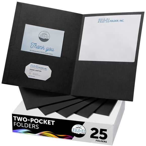 Carpeta FILE-EZ de papel texturizado negro con dos bolsillos, paquete de 25
