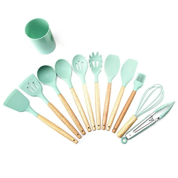 Utensilios de cocina de silicona, 12 piezas, sartén antiadherente, utensilios de cocina, espátula con mango de madera, cuchara sopera, raspador, traje