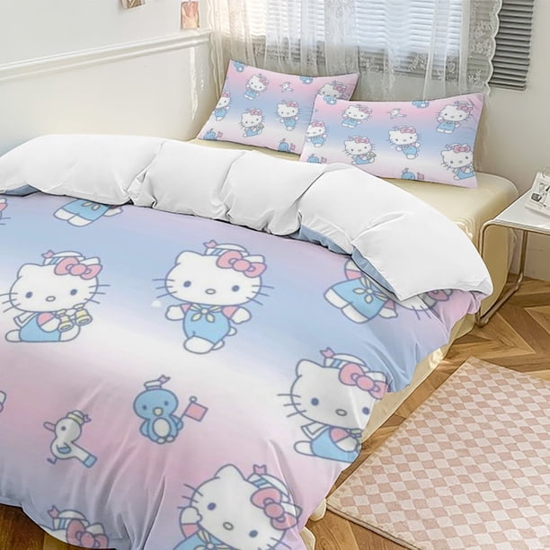 Cute Hello Kitty Thickened Three-piece Bed Set Cartoon Pillowcase Anime Quilt Cover Bedroom Hotel Theme House Vacation Home Holiday Anniversary Gift