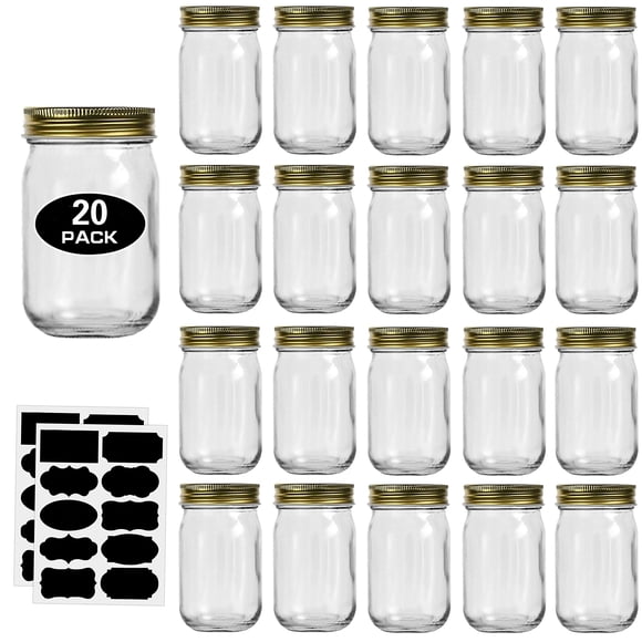 Tarros de vidrio Rainforce 355 ml, paquete de 20 con tapas doradas y etiquetas