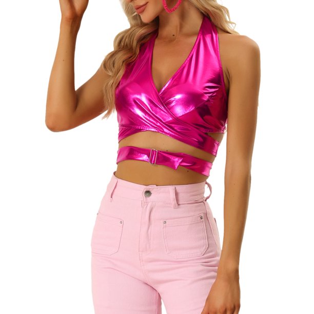 INSPIRE CHIC Top metálico con cuello halter para mujer, escote en V profundo, top corto holográfico sin espalda XL rosa intenso