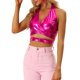 thumbnail image 1 of INSPIRE CHIC Top metálico con cuello halter para mujer, escote en V profundo, top corto holográfico sin espalda XL rosa intenso, 1 of 6