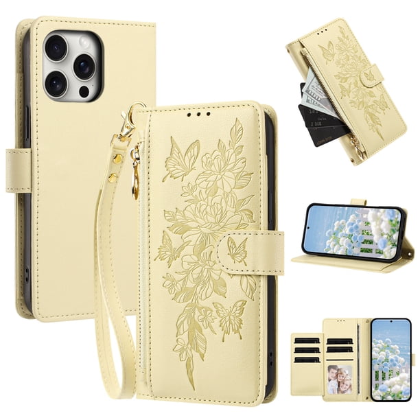 Funda Billetera Floral en Relieve iphone16 promax con Tarjetero y Cremallera Blanco